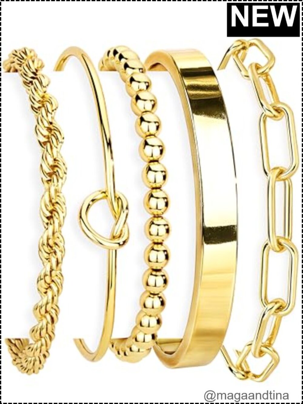 14K Gold Plated Stainless Steel Chunky Cuff Bracelet Set for Women Stackable